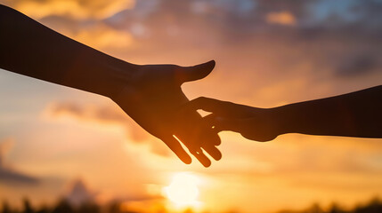 Wall Mural - hand reaching out to help another silhouette, sunrise background