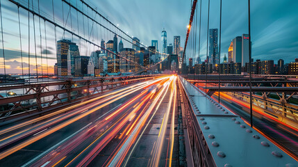 Wall Mural - Long exposure shot of car light trails on the bridge with city skyline at blue hour in New York City