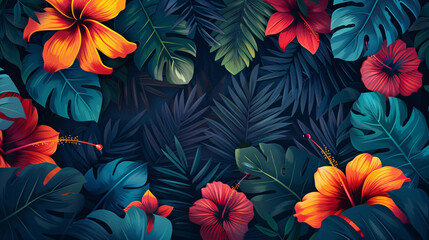 Vibrant nature scene featuring lush tropical leaves and exotic flowers, illustrated in a handmade graphic style