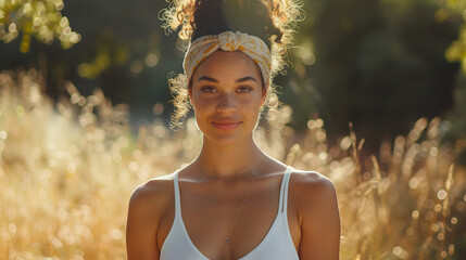 Wall Mural - portrait of happy mixed race woman with headband and white tank top outdoors in sunlight