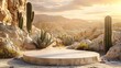 © PARALOGIA - Podium set on a sandy stage with a stone and cactus background for beauty products, close up dynamic double exposure with a sunset desert backdrop