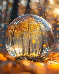 Sunlight filtering through a glass orb containing miniature trees, close up surreal blend mode with a background of sunlit leaves