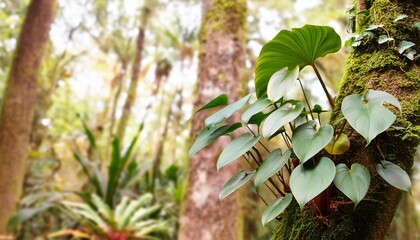 Poster - climbing philodendron philodendron billietiae tropical foliage plant growing on rainforest tree trunk with bromeliads anthurium ferns and various tropic plants leaves