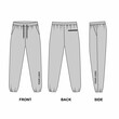© Iryna - Technical sketch of athletic jogger pants isolate, on white background. Sports pants template front, back and side view. Drawing of jersey drawstring pants, gray color.