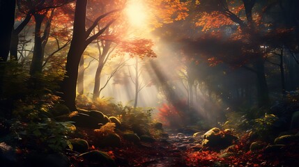 An enchanting forest blanketed in mist, with towering trees adorned in vibrant autumn colors and dappled sunlight filtering through the canopy.