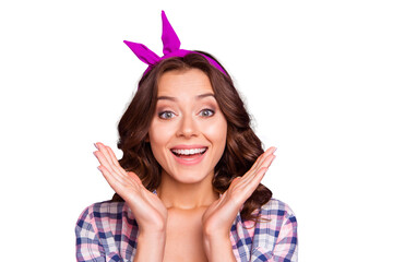 Wall Mural - Close-up portrait of nice stunned wondered cheery sweet lovely adorable pretty lady wearing head band clapping palms isolated over violet pastel background