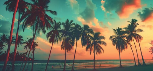 Poster - Tropical beach with palm trees at sunset