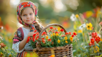 A little girl holding a basket of flowers