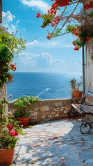 Canvas Print - A bench on a stone patio overlooking the ocean