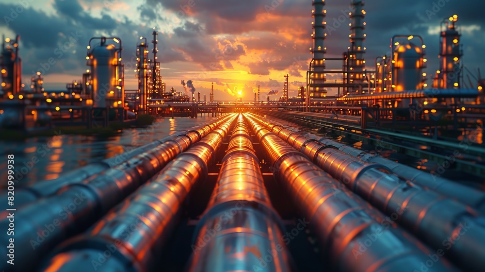 Oil and gas refinery plant or petrochemical industry on sky sunset ...