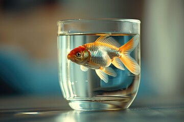 A beautiful and adorable fish in a small glass aquarium near the window