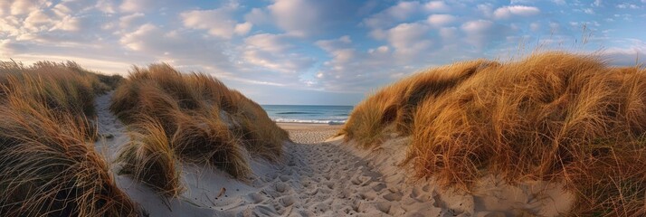 Wall Mural - A sandy path winds through tall grasses leading to a sunlit beach at sunset.