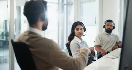 Poster - Call center, agent and teamwork with discussion at desk for telemarketing, sales planning or support. Customer service, people and employee with advice in office for crm help, consulting and solution