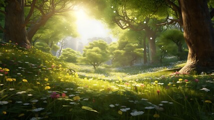 A tranquil forest glade with sunlight filtering through the dense canopy, illuminating a carpet of vibrant wildflowers and creating a magical atmosphere.