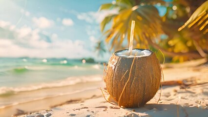Aufkleber - A fresh coconut drink with a straw sits on a sandy tropical beach, surrounded by palm trees and the ocean under a bright, sunny sky.
