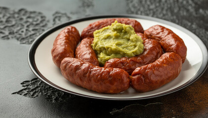 Wall Mural - Chorizo sausages with guacamole on dark surface. Tasty meat food. Delicious dish. Culinary concept.