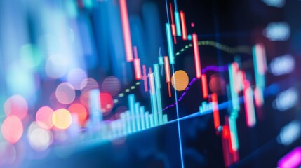 Leinwandbilder - A close-up of a computer screen displaying a colorful stock chart with candlestick patterns and indicators.