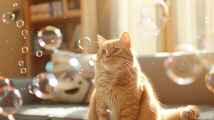 Poster - Adorable fat cat surrounded by bubbles in a sunny living room.