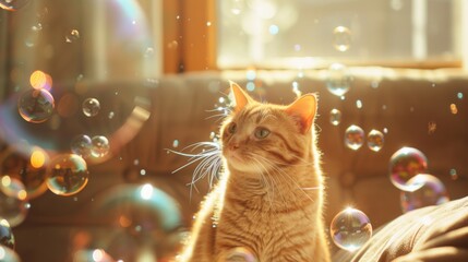 Poster - Adorable fat cat surrounded by bubbles in a sunny living room.