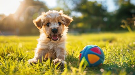 Poster - Adorable puppy with floppy ears playing with a colorful ball in a sunny park.