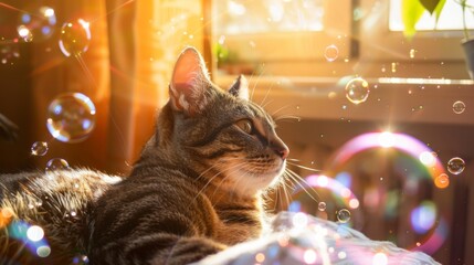 Poster - Adorable fat cat surrounded by bubbles in a sunny living room.