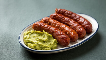 Wall Mural - Chorizo sausages with guacamole on dark surface. Tasty meat food. Delicious dish. Culinary concept.