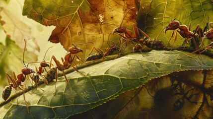 Poster - Ants working together on a large leaf, carrying food and building their nest.