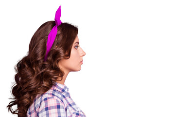 Wall Mural - Profile side view portrait of nice cheerful cheery sweet lovely winsome girlish attractive adorable wavy-haired lady copy space isolated over violet pastel background