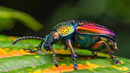 Poster - Beetle with shiny, iridescent colors resting on a leaf in the forest.