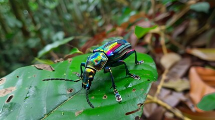 Poster - Beetle with shiny, iridescent colors resting on a leaf in the forest.