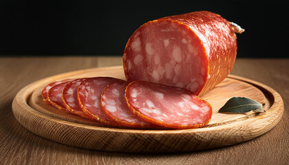 Wall Mural - Sliced smoked pork salami on wooden board. Delicious food. Culinary concept.