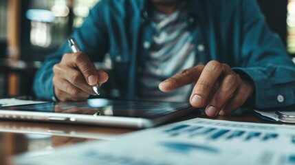 Poster - Business analyst reviewing financial charts on a tablet while sitting in a modern office.