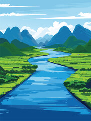 Beautiful mountain river scenery with clear blue water, mountain ridge, green meadow shores. Vector illustration