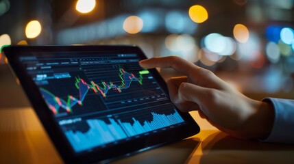 Poster - Business person analyzing a stock chart on a digital tablet with financial data overlay.