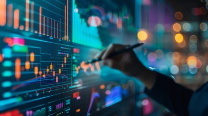 Poster - Businessman holding a pen and pointing at a large stock chart displayed on a digital board.