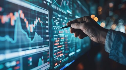 Poster - Businessman holding a pen and pointing at a large stock chart displayed on a digital board.