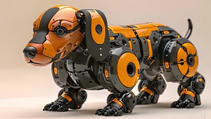 Leinwandbilder - This toy robot dog featuring orange and black colors. Robotic dachshund