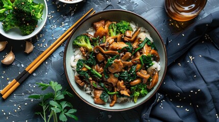 Wall Mural - Stir-fried chicken and mushrooms in soy sauce