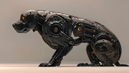 Leinwandbilder - This Black robot dog, grey background. Black Robot Dog Standing on Grey Background