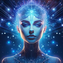 Wall Mural - Magical cyber woman with abstract blue lights representing technology