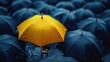 © Emile - a yellow umbrella among a crowd of black umbrellas concept of success of being special as a leader with its own identity having a difference new ideas and special skills among.stock image