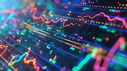 Poster - Close-up of a financial chart on a computer screen with colorful lines and data points.