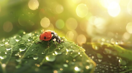 Poster - Close-up of a ladybug sitting on a dewy green leaf in the morning sunlight.
