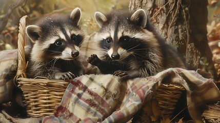 Wall Mural - Mischievous baby raccoons raiding a picnic basket, their tiny hands and masked faces caught in the act.