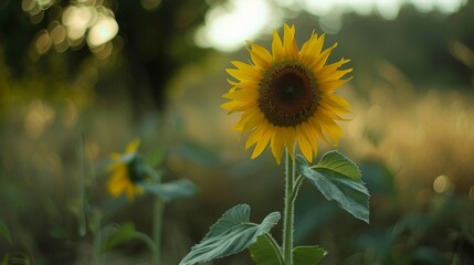 Poster - Close-up of a single sunflower in a field with a blurred background.