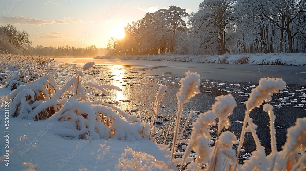 cold season outdoors landscape frost grass beside a river in a forest ...