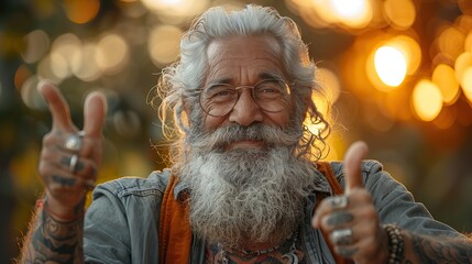 Wall Mural - a happy hipster and cool grandfather original style and tattoos white beard and sunglasses thumb up active and fun lifestyle concept for seniors sunset of life in colors.illustration stock image