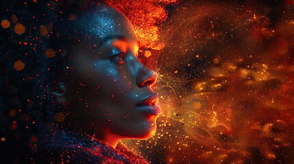 Wall Mural - An African woman immersed in a vibrant symphony of sound, her emotions swirling in a kaleidoscope of colors and abstract lights that dance upon her .illustration stock image