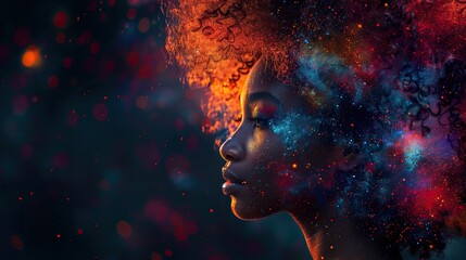 Wall Mural - An African woman immersed in a vibrant symphony of sound, her emotions swirling in a kaleidoscope of colors and abstract lights that dance upon her hair against the black void..stock image