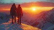 © Emile - Atop a wintry mountain, a male and female hiker embrace the twilight's glow, reveling in their triumph and the awe-inspiring panorama stretching towards the horizon..stock photo